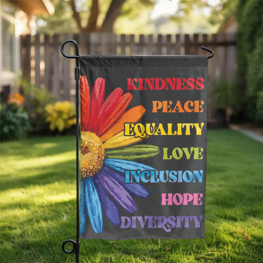 Kindness Peace Equality Garden Flag | Rainbow Daisy Pride Decor | Premium Weather-Resistant Polyester | LGBTQ Ally Yard Art Gift