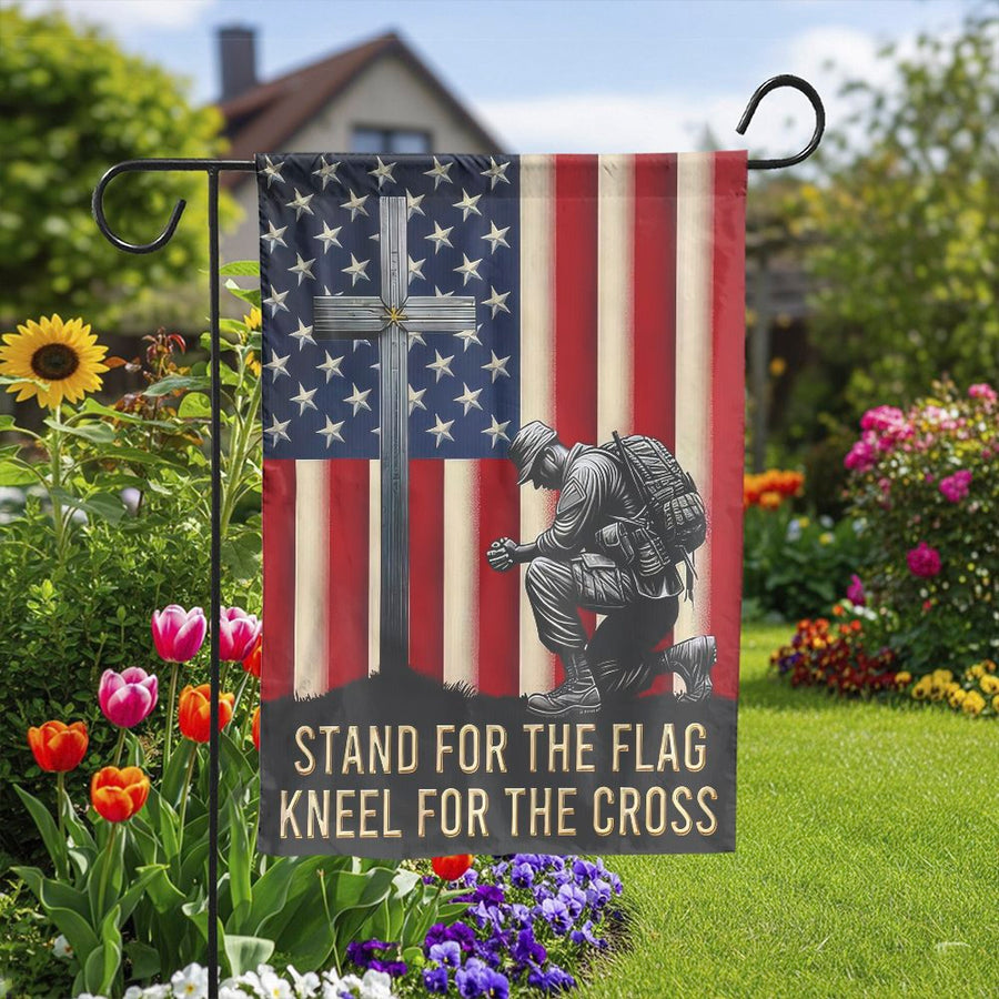 Patriotic American Flag Garden Flag | Kneeling Soldier Kneel for the Cross Design | Double Sided Weatherproof Yard Banner | Gift for Veterans & Military Families