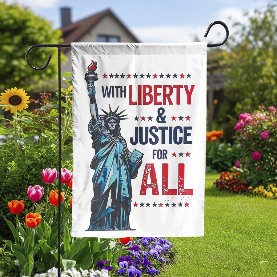 Statue of Liberty Garden Flag | Liberty & Justice For All Quote | Double Sided Polyester | Premium Patriotic Home Decor Gift