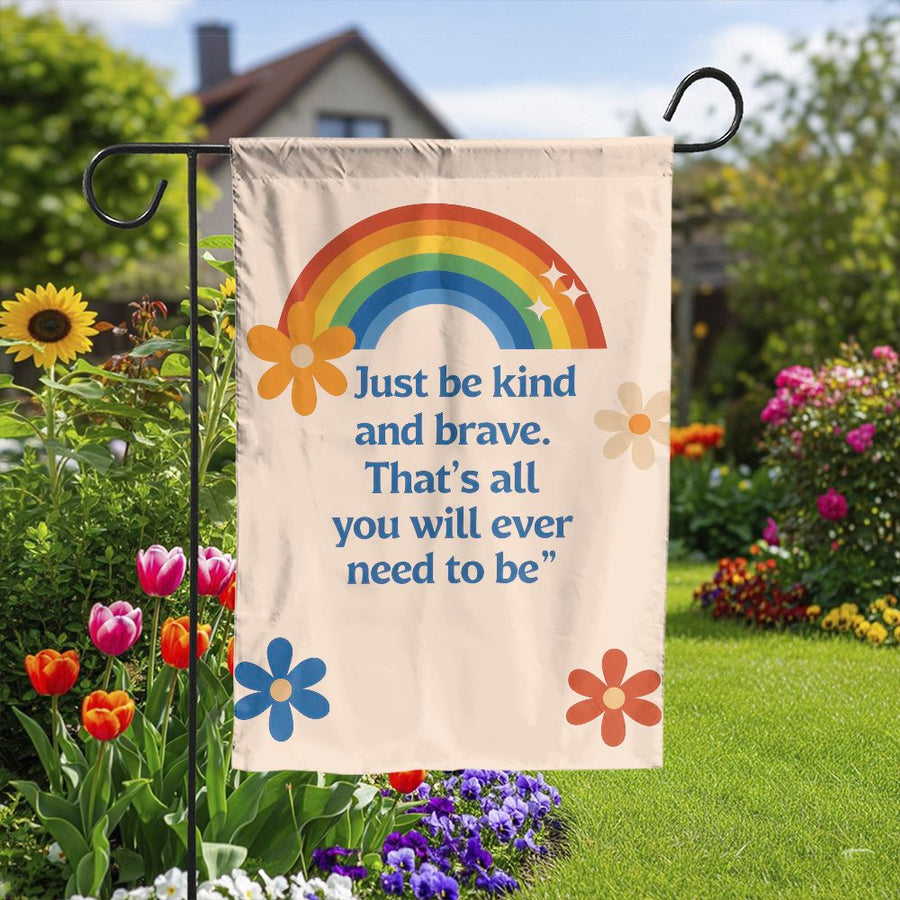 Kind and Brave Garden Flag | Retro Rainbow Inspirational Quote | Double Sided Weather-Resistant Polyester | Premium Outdoor Decor for Yard & Patio