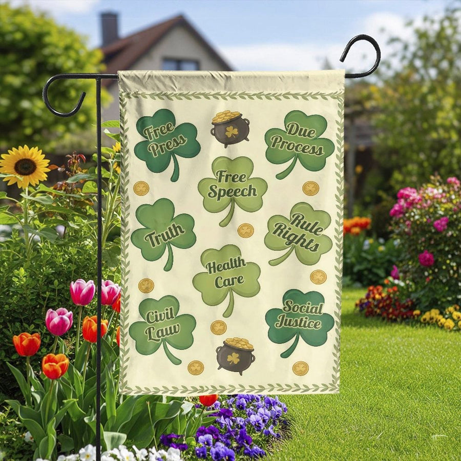 St Patrick's Day Shamrock Garden Flag | Social Justice Clover Design | Double-Sided Weather-Resistant Polyester | Outdoor Yard Decor Gift