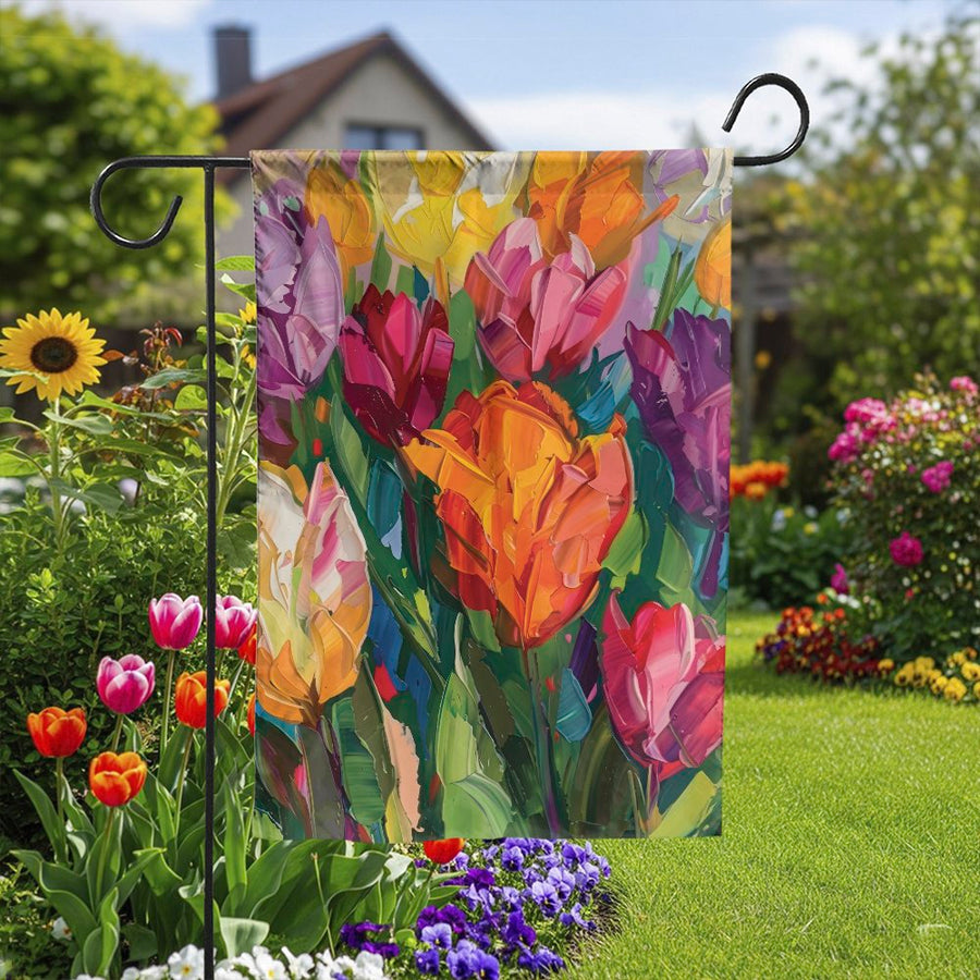 Vibrant Tulip Garden Flag | Painted Floral Art Double-Sided Print | Premium Weather-Resistant Polyester | Spring Yard Decor Gift for Gardener