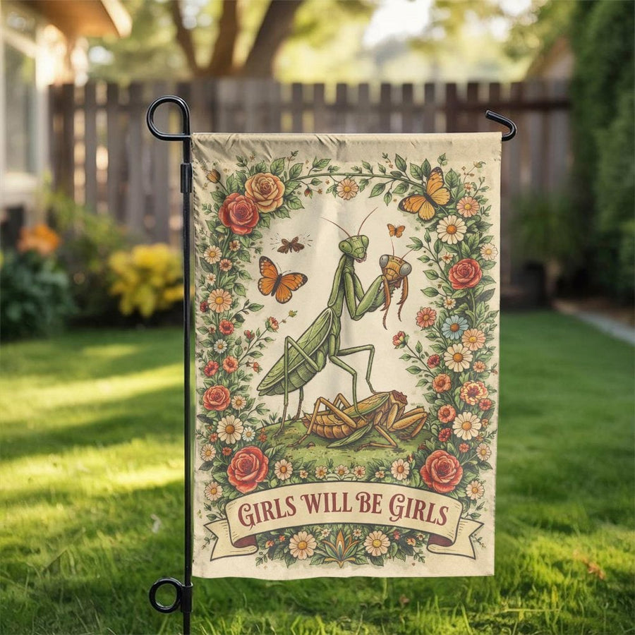 Funny Praying Mantis Garden Flag | Girls Will Be Girls Vintage Botanical Art | Double-Sided Weather-Resistant Polyester | Unique Gift for Gardener