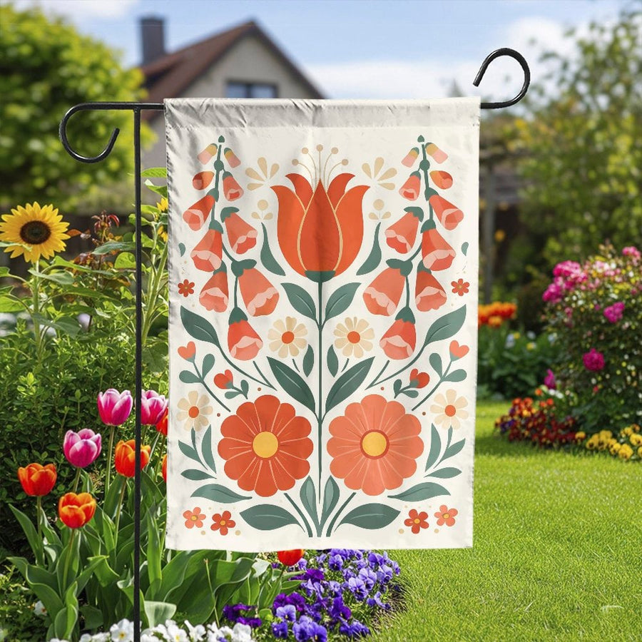 Folk Art Floral Garden Flag | Symmetrical Tulip & Daisy Pattern | Weather-Resistant Polyester | Spring Welcome Yard Decor Gift