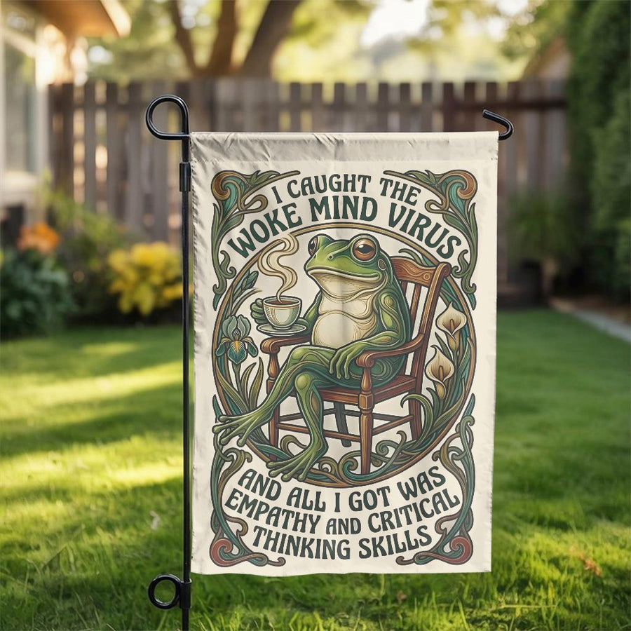 Woke Mind Virus Garden Flag | Funny Frog With Coffee Illustration | Double Sided Weather Resistant | Outdoor Yard Decor Gift
