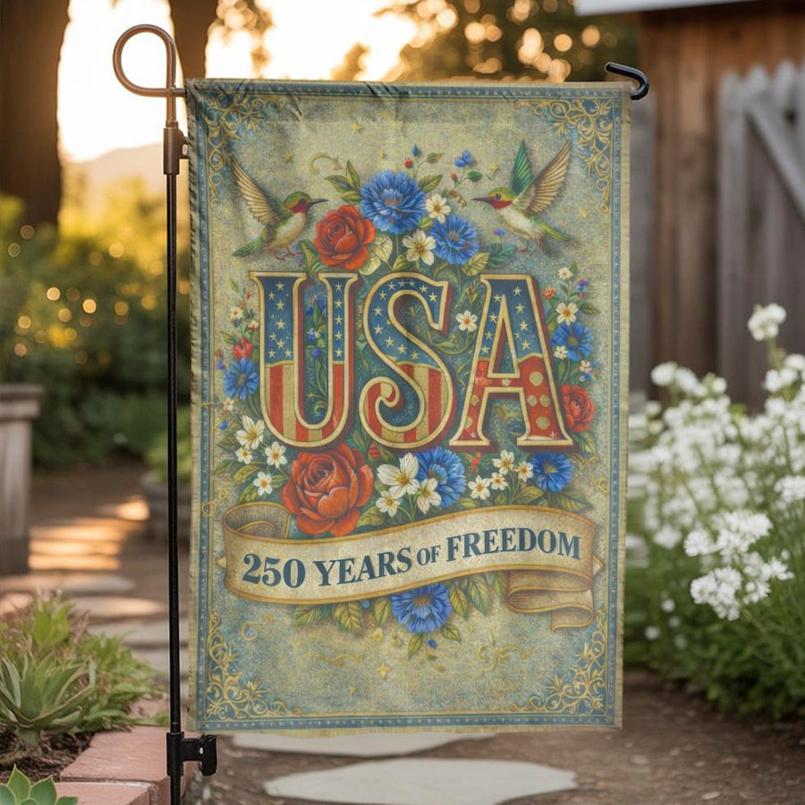 250th Anniversary USA Garden Flag | Vintage Floral American Art with Hummingbirds | Double Sided Weather Resistant Polyester | Patriotic Yard Decor Gift