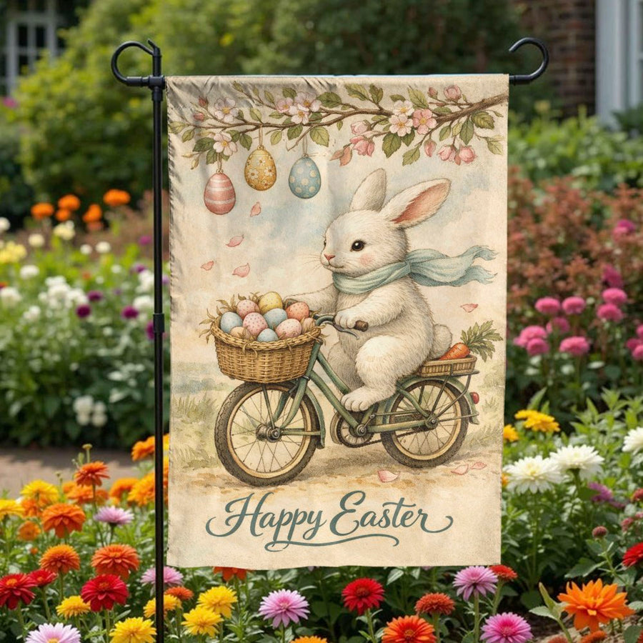 Happy Easter Garden Flag | Vintage Bunny on Bicycle Illustration | Double-Sided Weather Resistant | Outdoor Spring Yard Decor Gift
