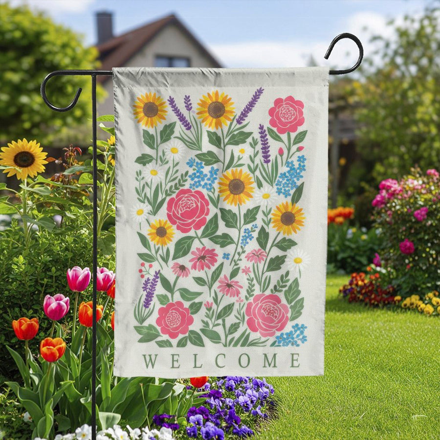 Floral Welcome Garden Flag | Double Sided Wildflower Banner | Weather-Resistant Polyester | Seasonal Yard Decor & Housewarming Gift