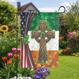 Irish American Garden Flag | Celtic Cross & Shamrock Design | Double-Sided Weather Resistant | St Patrick's Day Outdoor Decor Gift