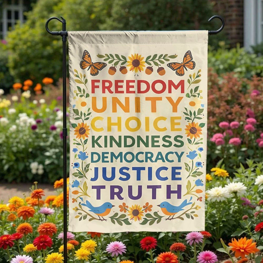 Inspirational Garden Flag | Freedom Unity Kindness Rainbow Text | Double-Sided Polyester | Outdoor Yard Decor & Political Statement Gift