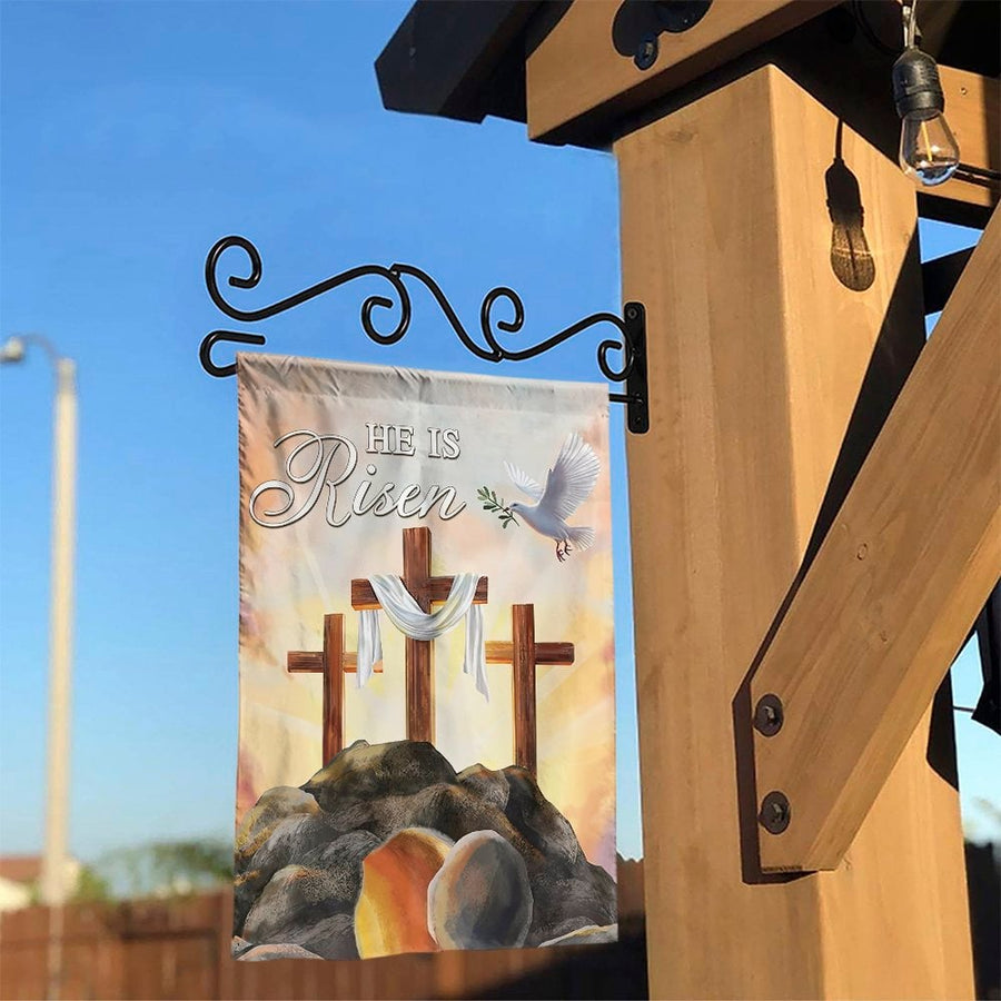 He Is Risen Easter Garden Flag | Christian Three Crosses Scene | Premium Weather-Resistant Fabric | Religious Faith-Based Yard Decor Gift