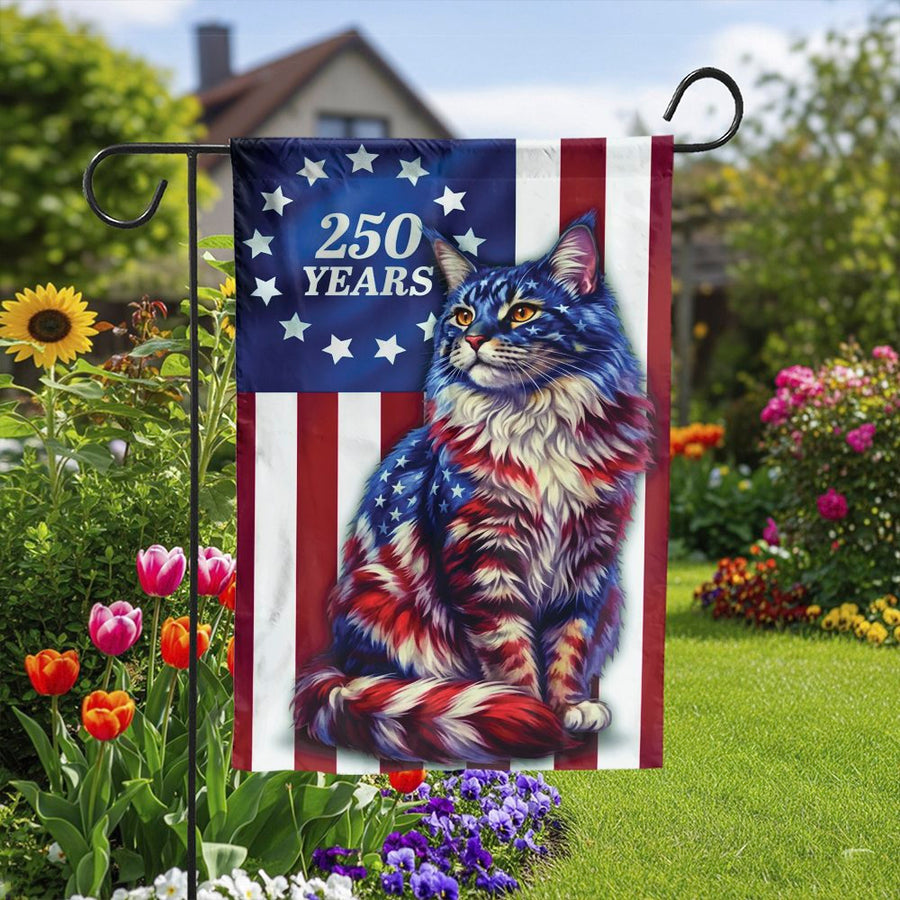 Patriotic Cat Garden Flag | 250 Years American Freedom Design | Weather-Resistant Polyester | 4th of July Yard Decor Gift for Cat Lovers