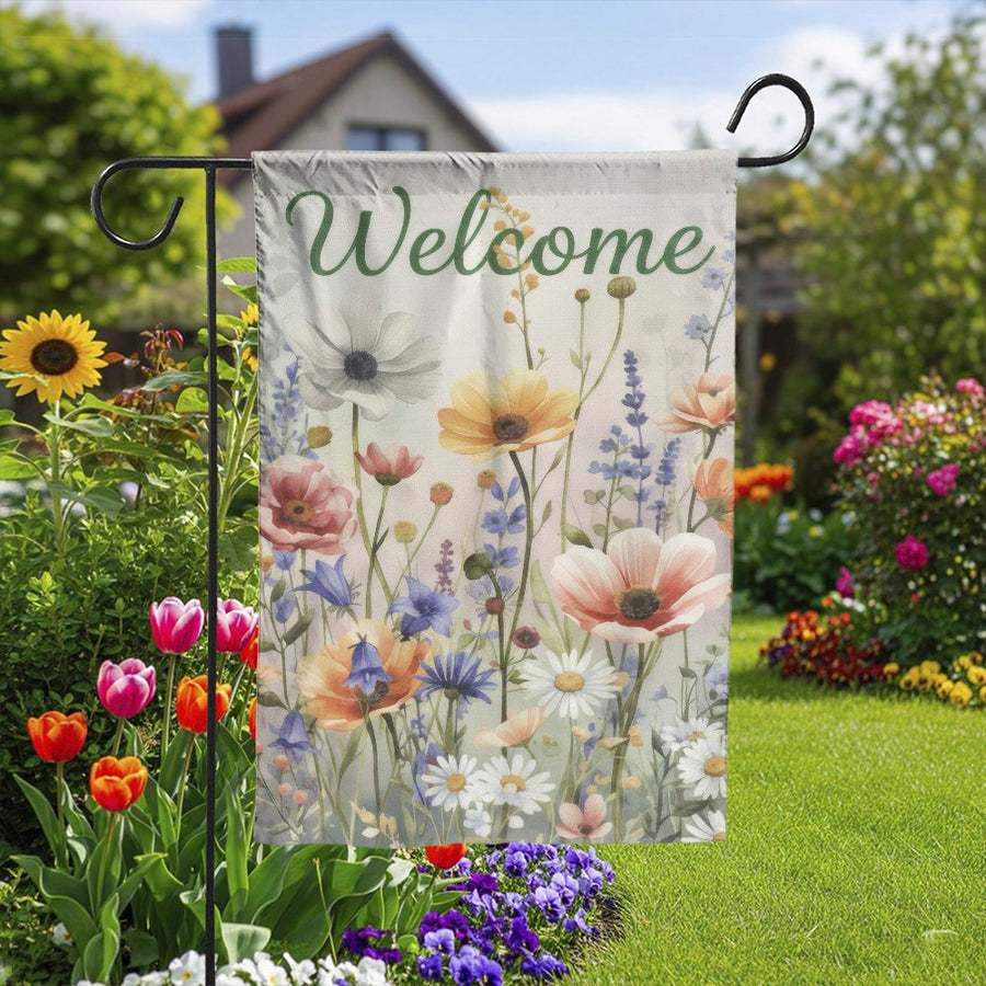 Watercolor Wildflower Welcome Flag | Vertical Garden & House Banner | Premium Double Sided Fabric | Spring Summer Outdoor Decor Gift for Gardener