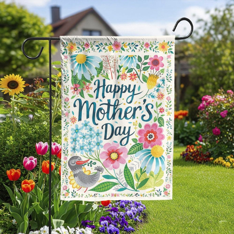 Happy Mother's Day Garden Flag | Vibrant Floral Bird Art | Weather Resistant Outdoor Banner | Premium Yard Decor Gift for Mom