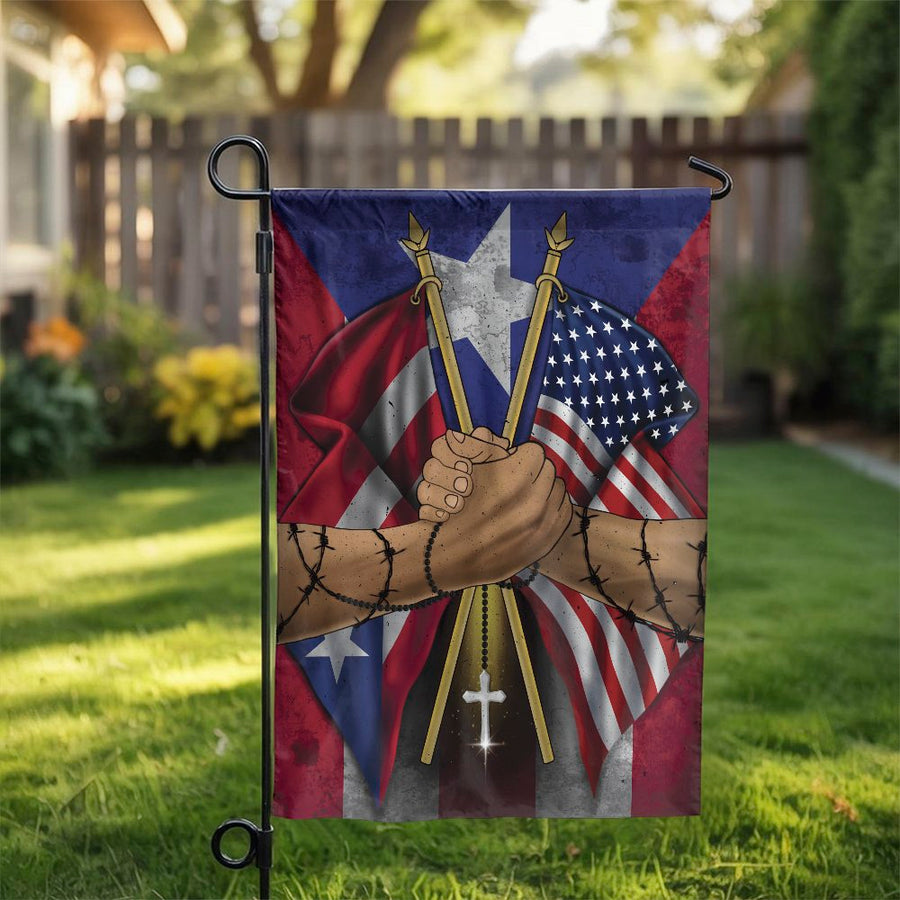 Puerto Rican American Unity Garden Flag | Boricua Pride Handshake Art | Weather Resistant Polyester | Patriotic Yard Decor Gift