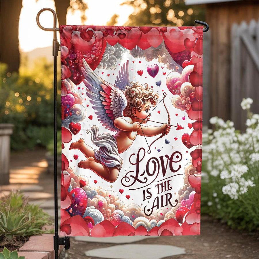Valentine's Day Garden Flag | Cute Cupid 'Love is the Air' Design | Weather-Resistant Double-Sided Print | Seasonal Outdoor Home Decor Gift