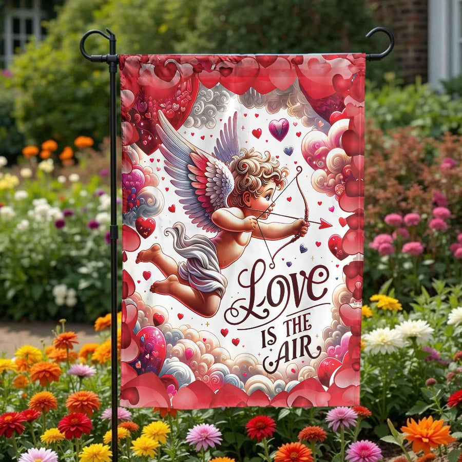 Valentine's Day Garden Flag | Cute Cupid 'Love is the Air' Design | Weather-Resistant Double-Sided Print | Seasonal Outdoor Home Decor Gift