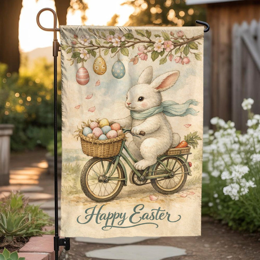 Happy Easter Garden Flag | Vintage Bunny on Bicycle Illustration | Double-Sided Weather Resistant | Outdoor Spring Yard Decor Gift