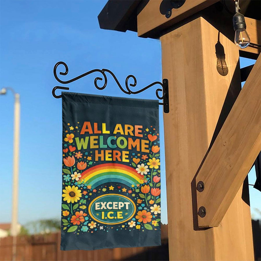 All Are Welcome Here Garden Flag | Floral Rainbow Political Statement | Double Sided Polyester | Progressive Yard Decor Gift