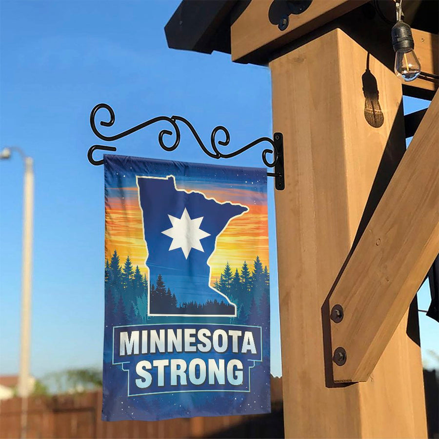 Minnesota Strong Garden Flag | State Outline with Sunset Forest Design | Weather Resistant Polyester | Patriotic Outdoor Yard Decor Gift