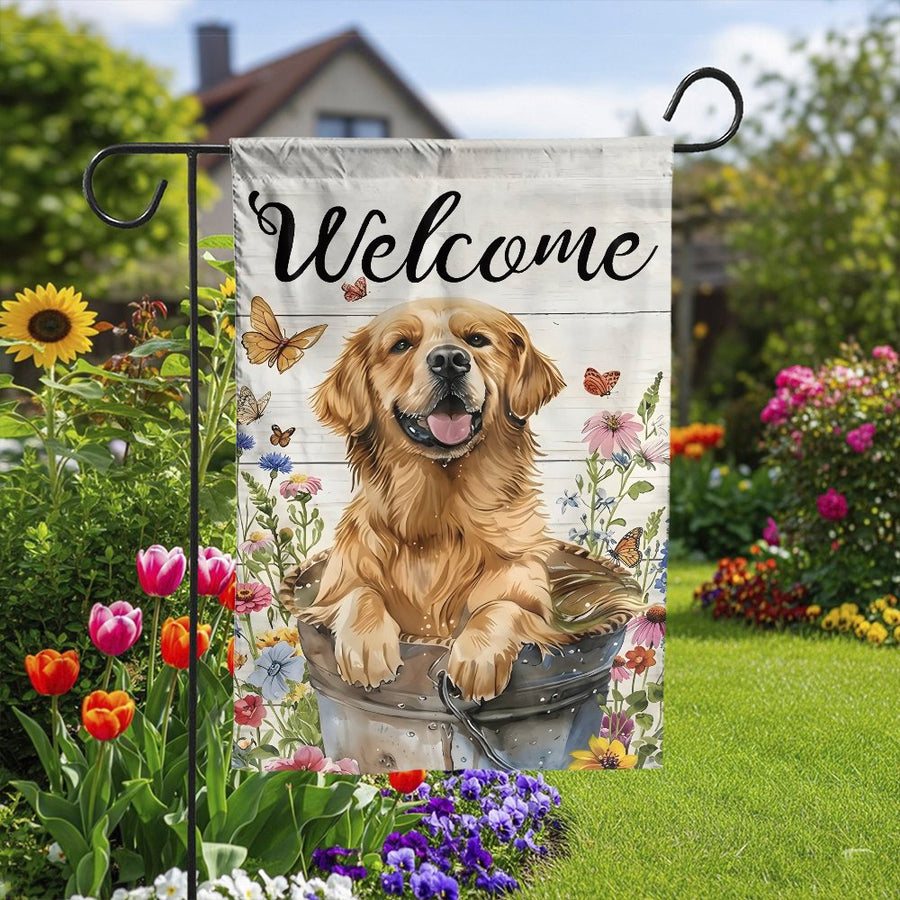 Golden Retriever Welcome Garden Flag | Watercolor Dog with Wildflowers | Double Sided Weather Resistant Fabric | Premium Yard Decor Gift for Dog Lovers
