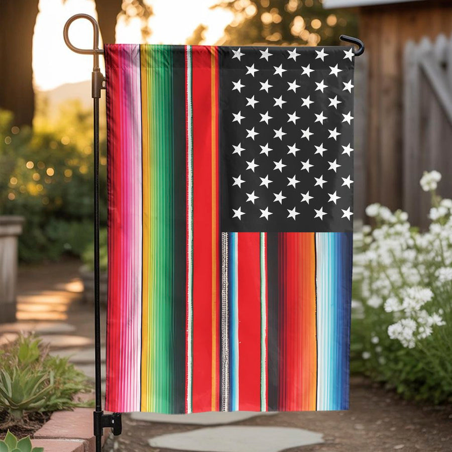 Mexican American Garden Flag | Serape Stripe & Stars Design | Weather-Resistant Polyester | Outdoor Yard Decor Gift for Cultural Pride