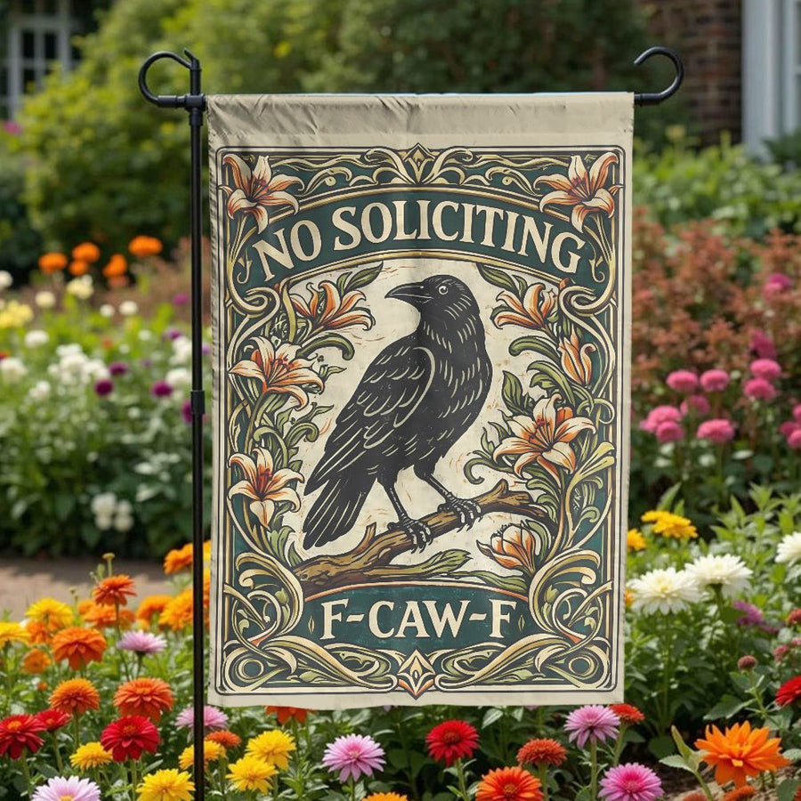 Funny No Soliciting Garden Flag | Vintage Art Nouveau Crow Design | Double Sided Weather Resistant Fabric | Unique Outdoor Yard Decor & Housewarming Gift