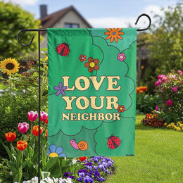Love Your Neighbor Garden Flag | Retro 70s Groovy Floral Design | Weather Resistant Double Sided Polyester | Spring Welcome Porch Decor Gift