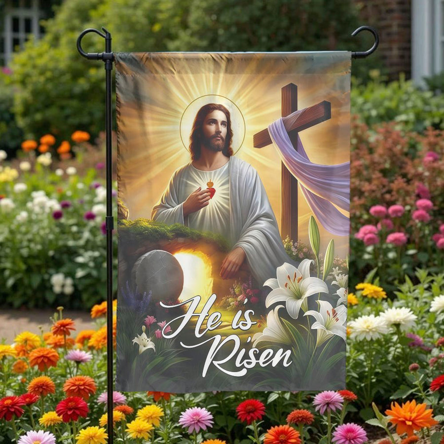 He Is Risen Garden Flag | Jesus Sacred Heart Resurrection Scene | Double Sided Weather Resistant Polyester | Premium Christian Easter Yard Decor