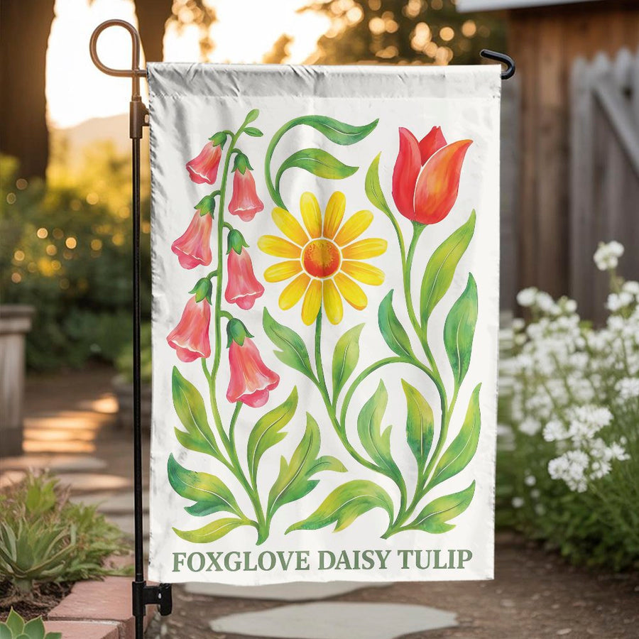 Botanical Garden Flag | Vintage Floral Illustration with Foxglove, Daisy & Tulip | Double Sided Weather-Resistant Fabric | Premium Yard Decor Gift for Gardener
