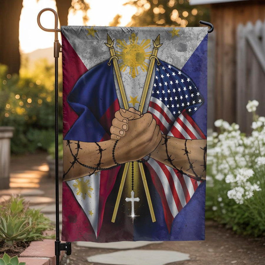 Filipino American Unity Garden Flag | Double-Sided Pinoy Pride Handshake Art | Weather-Resistant Polyester | Gift for Filipino American Heritage