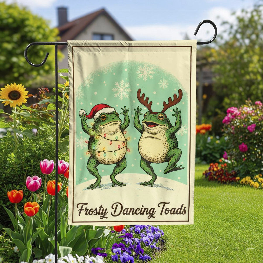 Funny Christmas Frog Garden Flag | Vintage Dancing Toads with Santa Hat | Double-Sided Weather-Resistant | Holiday Outdoor Decor Gift