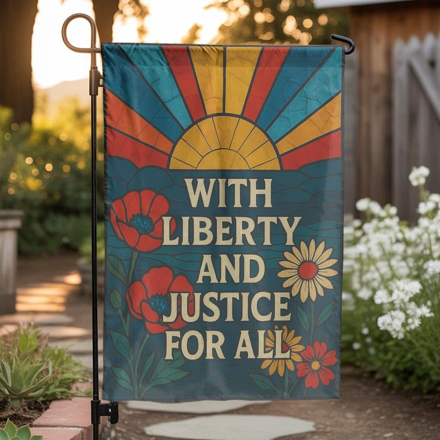Liberty and Justice For All Garden Flag | Retro Floral Sunburst Design | Weather-Resistant Double Sided | Premium Patriotic Yard Decor
