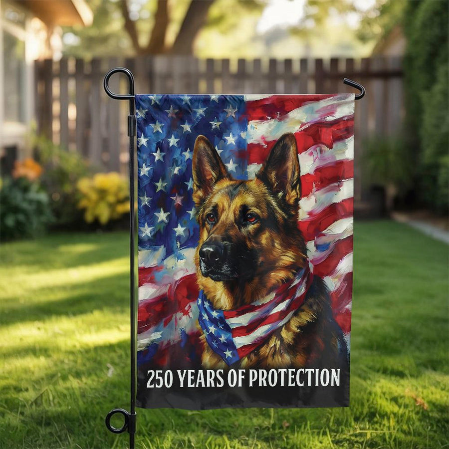 Patriotic German Shepherd Garden Flag | 250th Anniversary USA Flag Art | Double Sided Weather-Resistant Fabric | Memorial Gift for K9 Handler & Veterans
