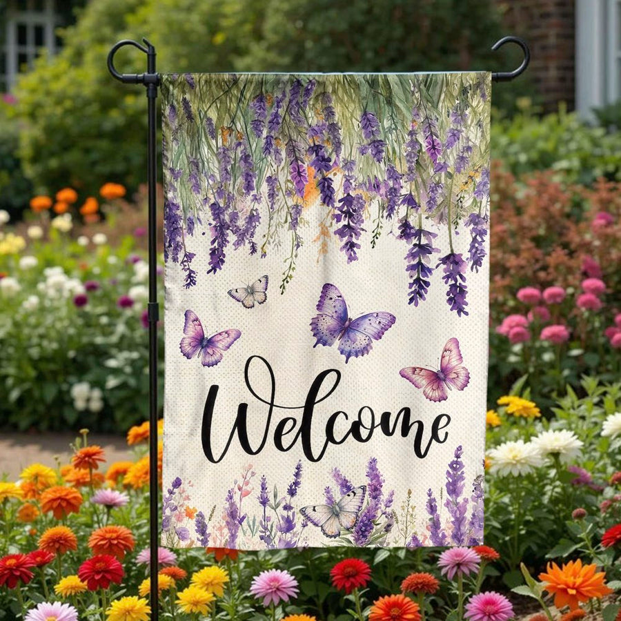 Lavender Butterfly Welcome Garden Flag | Watercolor Floral Design | Weather Resistant Double Sided Polyester | Spring Porch & Patio Decor Gift