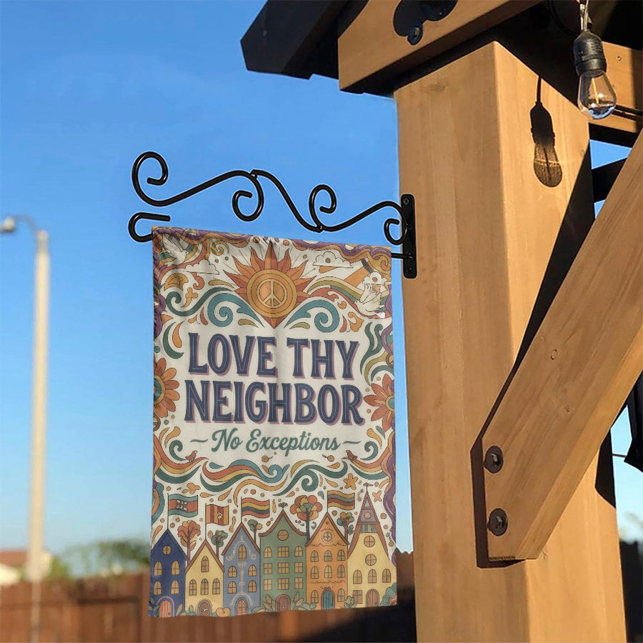 Love Thy Neighbor Garden Flag | Vintage 70s Hippie Welcome Sign | Double Sided Weather Resistant | Premium Inclusive Porch Decor Gift