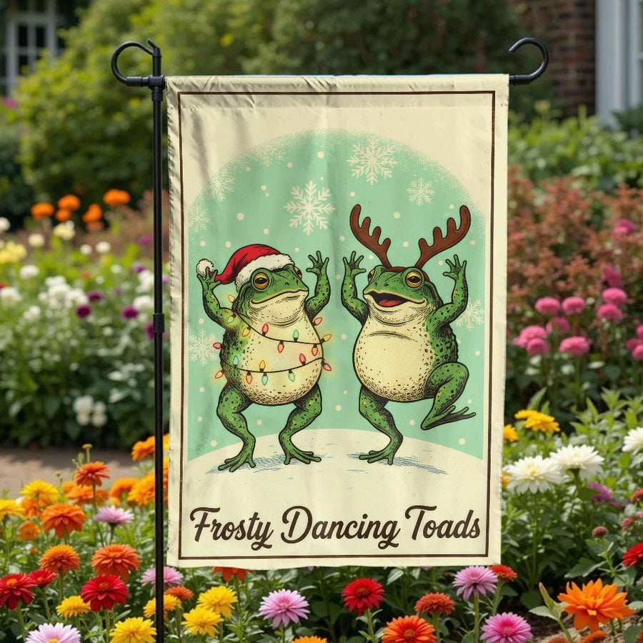 Funny Christmas Frog Garden Flag | Vintage Dancing Toads with Santa Hat | Double-Sided Weather-Resistant | Holiday Outdoor Decor Gift
