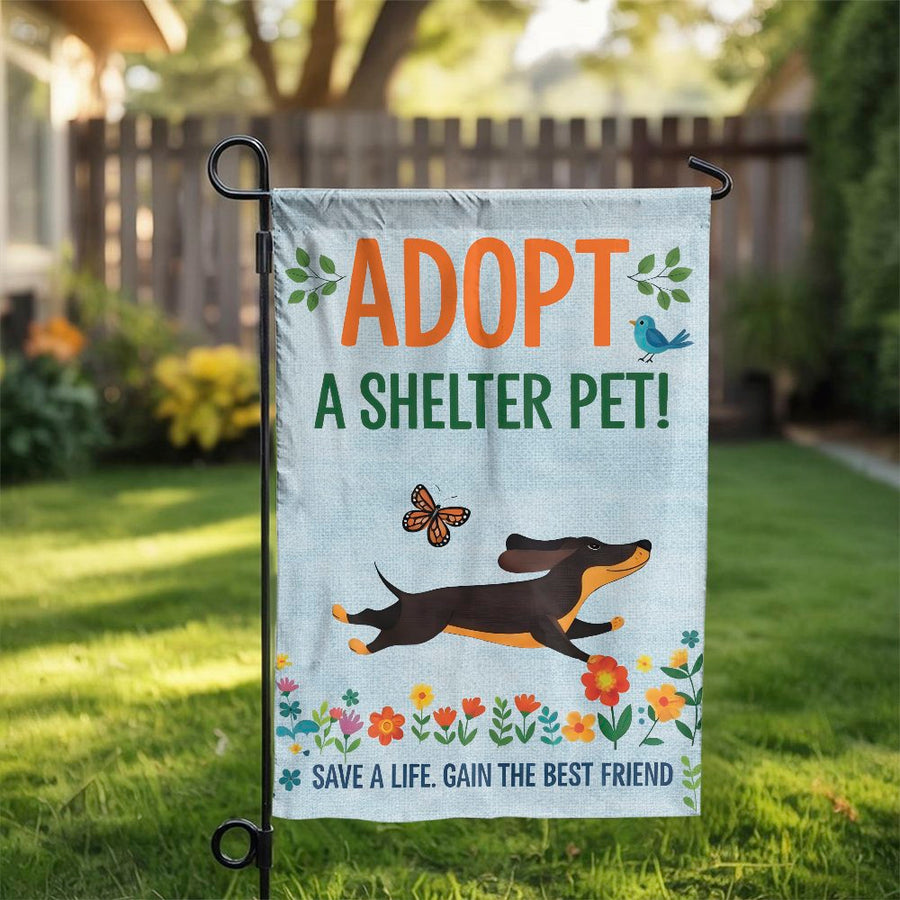 Adopt a Shelter Pet Garden Flag | Running Dachshund Dog Design | Weather-Resistant Polyester | Premium Yard Decor Gift for Animal Lovers