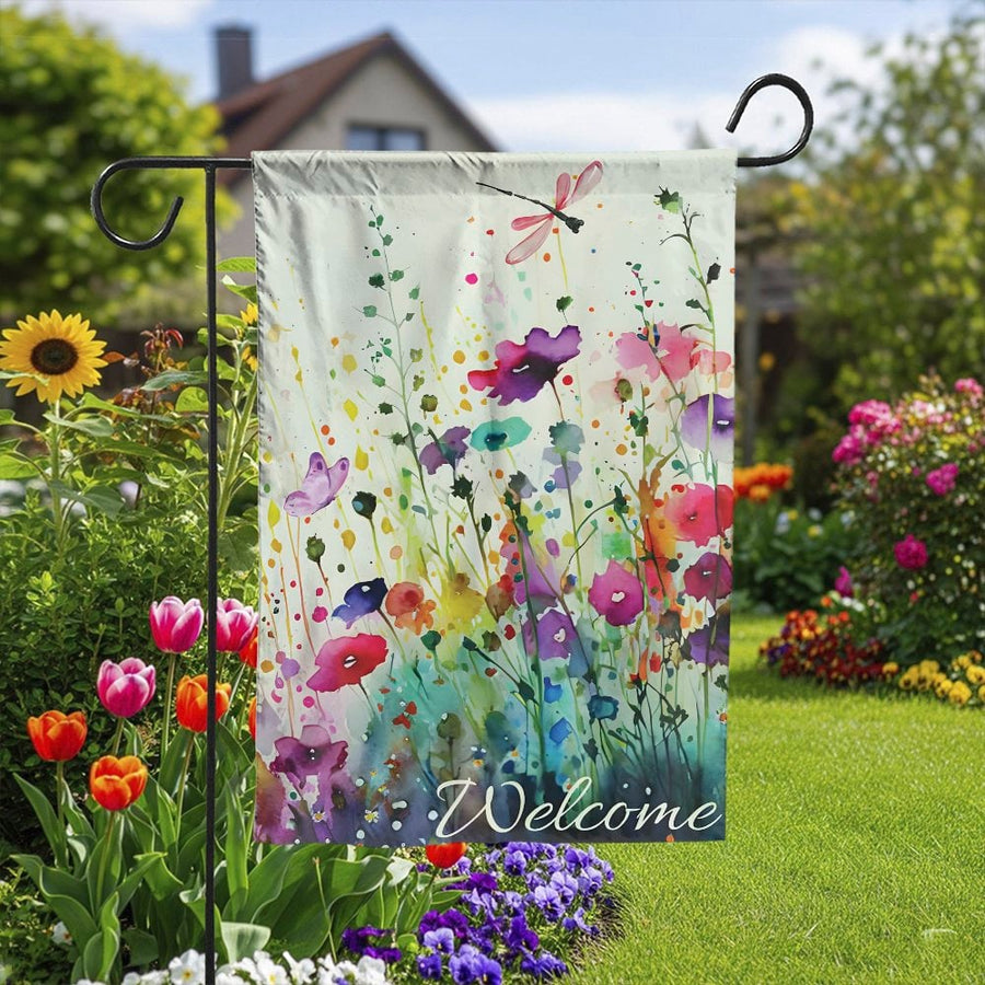 Watercolor Wildflower Garden Flag | Colorful Floral Meadow Welcome Sign | Durable Weather Resistant Fabric | Seasonal Outdoor Yard Decor