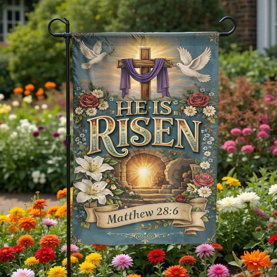 Christian Easter Garden Flag | He is Risen Empty Tomb Art with Bible Verse | Weather Resistant Double Sided Polyester | Religious Home Decor Gift