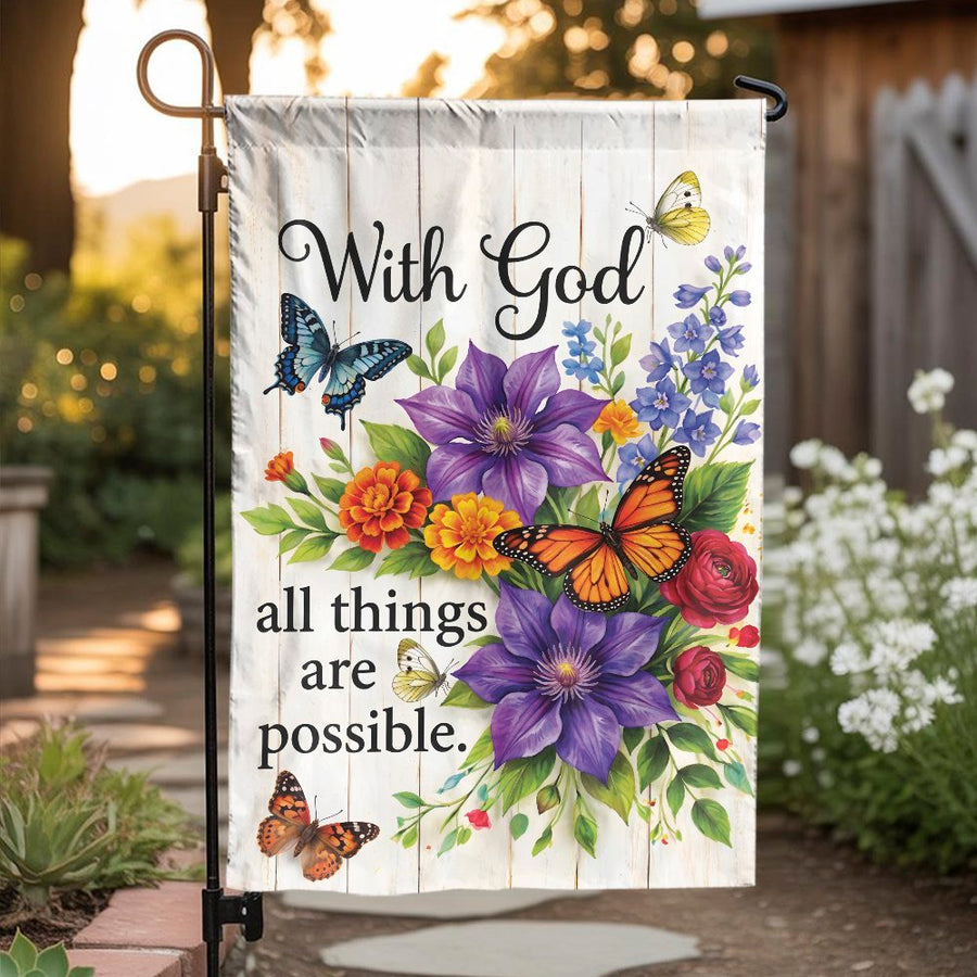 With God All Things Are Possible Garden Flag | Floral Butterfly Yard Decor | Premium Weather-Resistant Fabric | Inspirational Christian Homeowner Gift