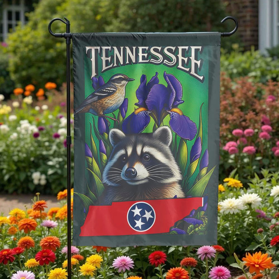 Tennessee Garden Flag | State Symbols with Raccoon & Iris | Double Sided Weather Resistant | Premium Outdoor Yard Decor Gift for Homeowners