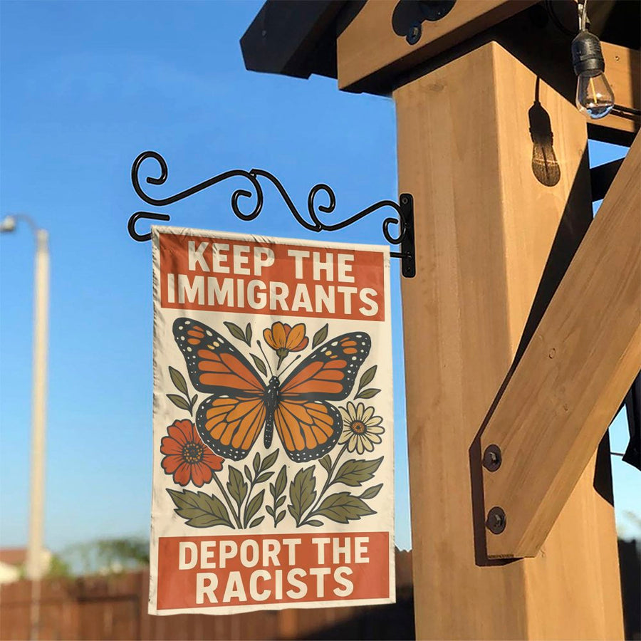 Keep The Immigrants Garden Flag | Vintage Monarch Butterfly Design | Weather-Resistant Double Sided Banner | Progressive Political Yard Decor
