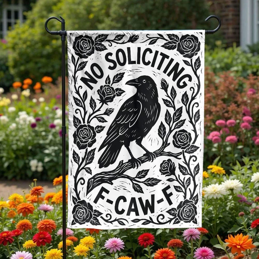 No Soliciting Garden Flag | Funny Crow Raven Linocut Art Sign | Double Sided Weather Resistant | F-Caw-F Front Porch Decor Gift