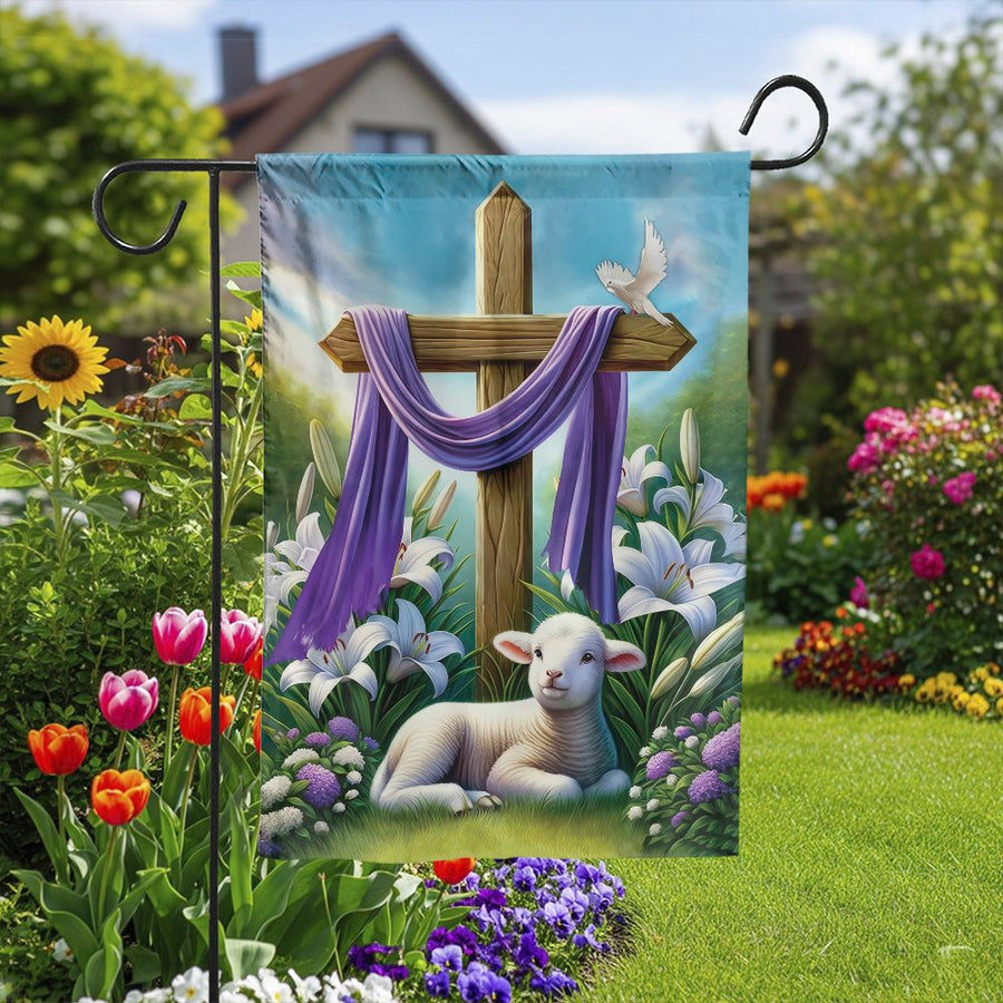 Easter Garden Flag | Lamb of God and Cross Scene | Double Sided Weather-Resistant Fabric | Christian Religious Yard Decor Gift