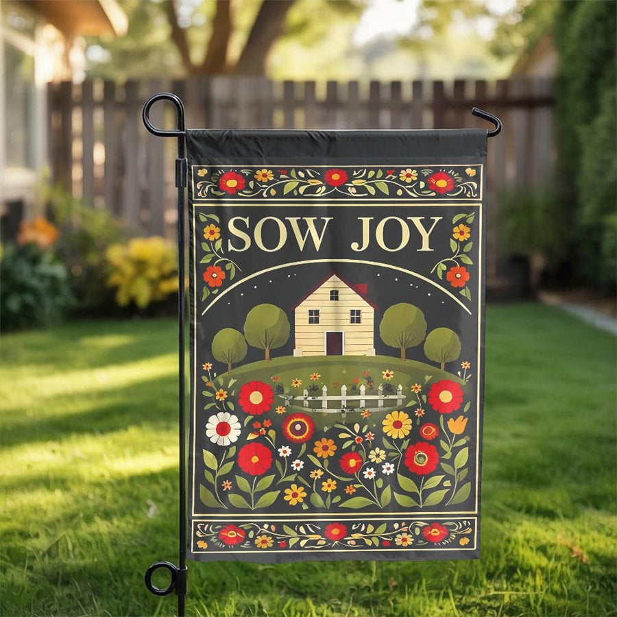 Sow Joy Garden Flag | Vintage Folk Art Floral House | Premium Double Sided Polyester | Seasonal Yard & Patio Decor Gift