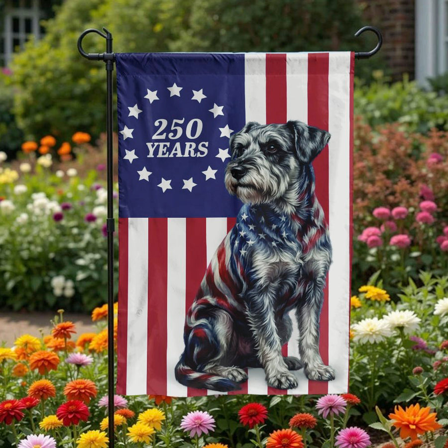 Patriotic Schnauzer Garden Flag | 250th Anniversary American Flag Design | Double Sided Weather Resistant Fabric | Gift for Dog Lover Yard Decor