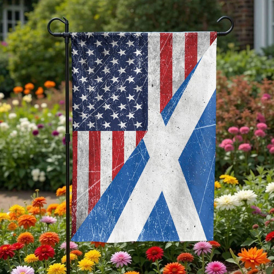 US Scotland Friendship Garden Flag | Vintage Distressed Split Design | Double Sided Polyester | Premium Scottish American Heritage Gift