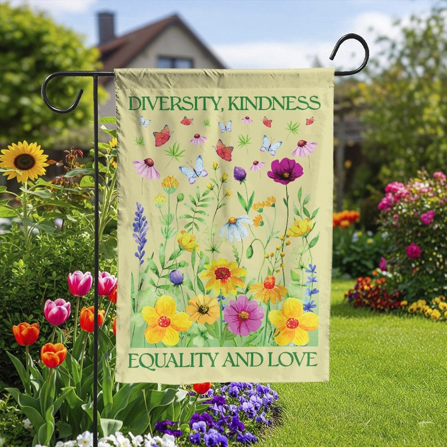 Diversity Kindness Garden Flag | Watercolor Wildflower Meadow Print | Double Sided Weather Resistant Fabric | Inspirational Yard Decor Gift