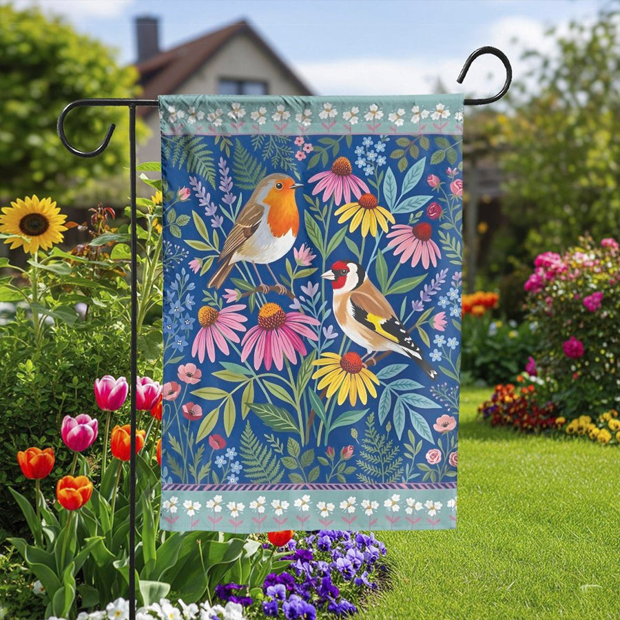Robin and Goldfinch Garden Flag | Vintage Botanical Illustration Print | Double Sided Weatherproof Polyester | Spring Yard Decor for Bird Lovers
